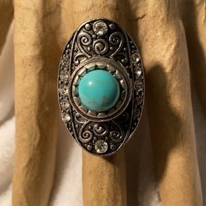 BoHo Turquoise & Cubic Zirconia Stretch Statement Ring size 7+